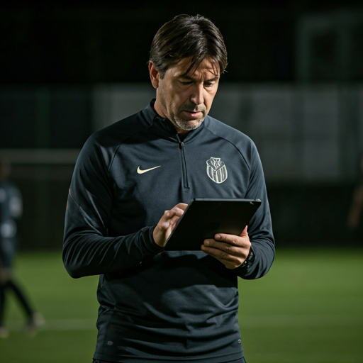 Entrenador de fútbol usando una tablet en el campo de entrenamiento